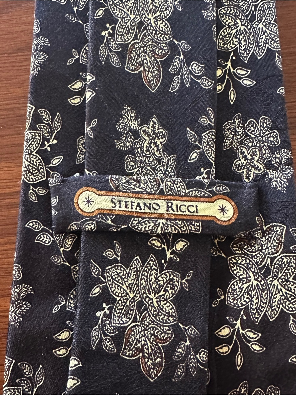 Stefano Ricci Black Tie with Cream and Gold Floral Motif